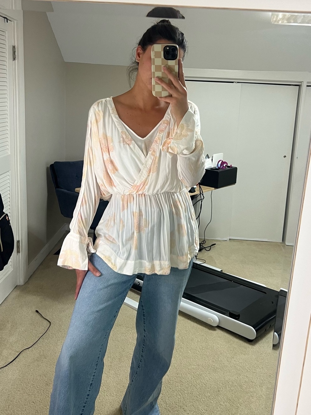 Free People Floral Wrap Blouse Lagenlook Tiered Peasant Boho Career Resort